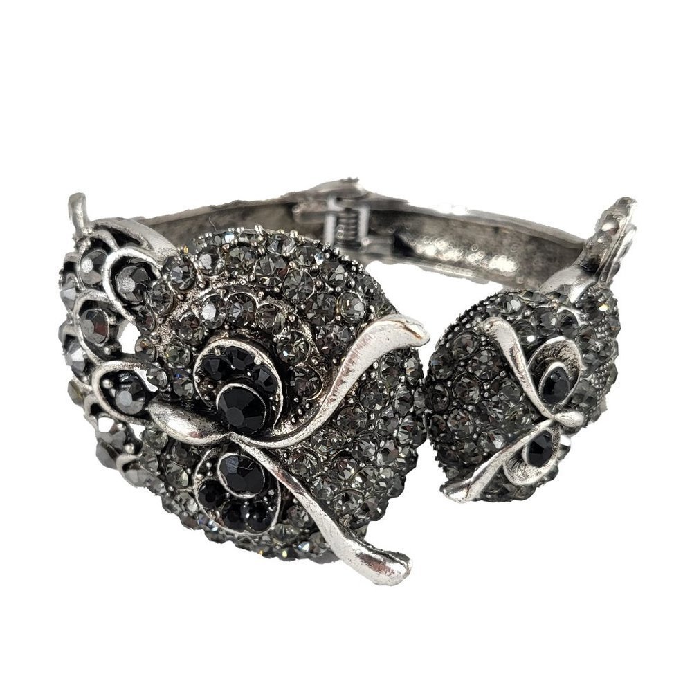 Silver Tone Metal Clamper Bracelet Bejeweled with Two Owls
